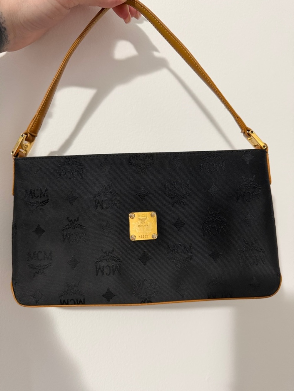 MCM Vintage Black Logo Jacquard Shoulder Bag with Tan Strap and Gold Plaque
